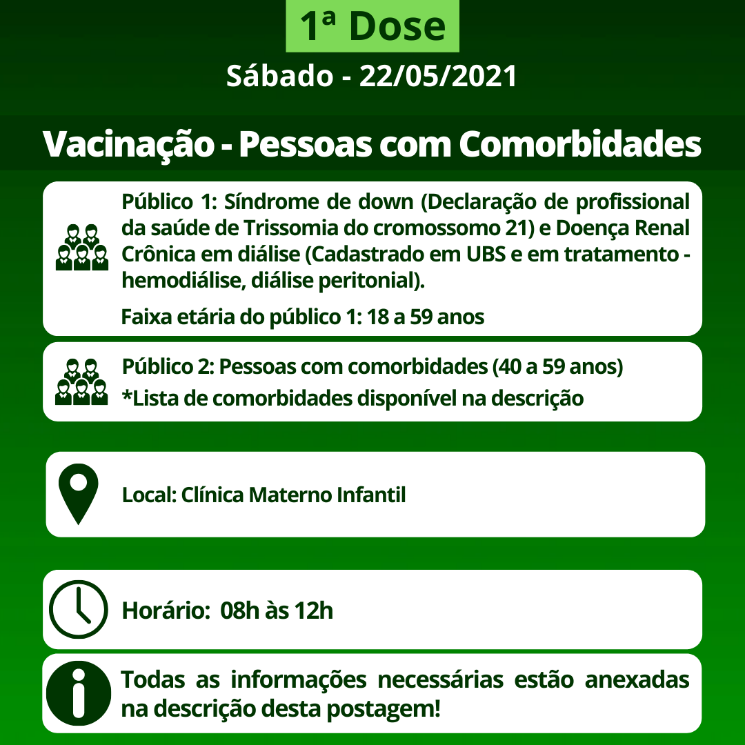 Cronograma de Vacinação contra Covid-19 (Comorbidades) - Sábado - 22/05/2021